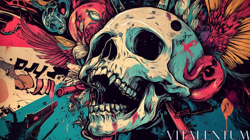 Human skull with abstract weapons and wings in bold colors.