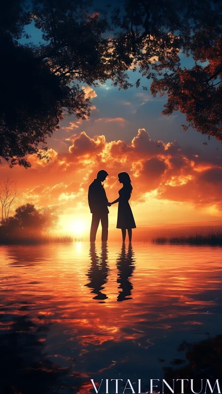 Silhouetted couple in shallow water framed by tree canopy at golden hour sunset