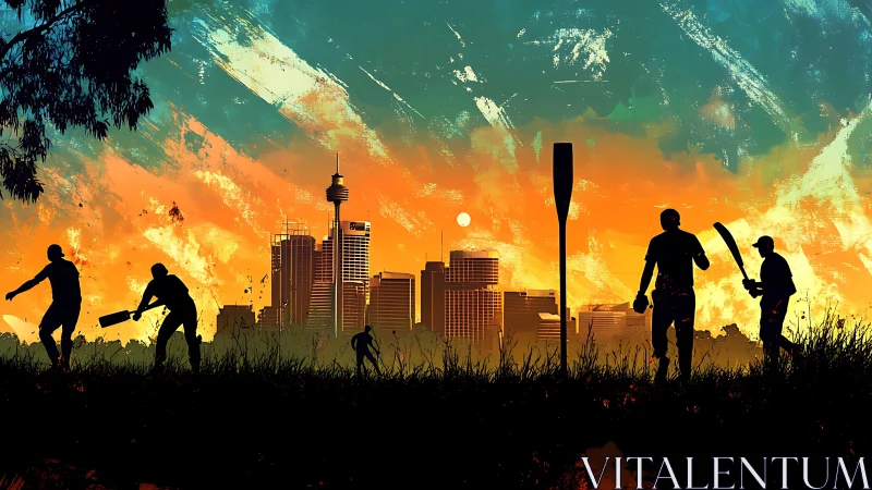 Silhouetted cricket players before urban skyline at sunset.