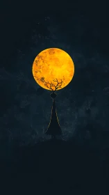 Silhouette figure under large textured golden moon.