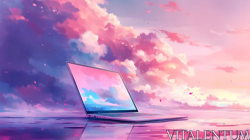 Dreamlike laptop horizon under luminous pastel clouds.