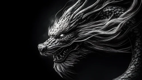 Storm-tressed shadow dragon coils in monochrome fury.