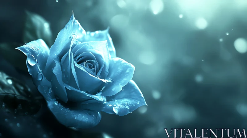 Blue rose glows under soft bokeh light with dewdrops