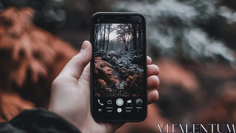 Smartphone Capturing Moody Forest Landscape in Real Time.