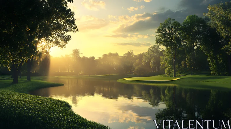 Golden hour hush over a misty lakeside golf dreamscape.
