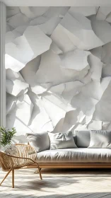 Sunlit modern sofa rests beneath sculptural white wall art