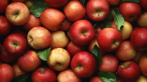 Crisp red apples stacked in dense overhead composition.