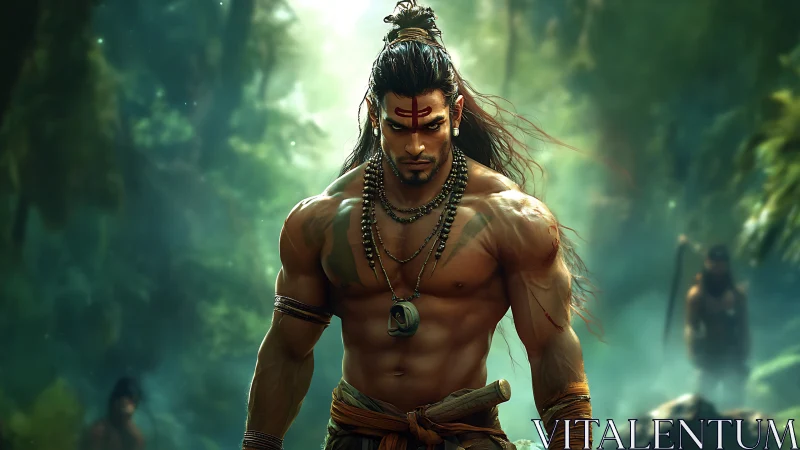 Muscular warrior rendered with cinematic lighting in dense jungle