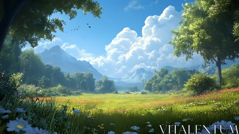 Mountain valley meadow under cumulus cloud formations.