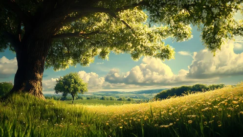 Sunlit meadow beneath blooming oak tree at golden hour.