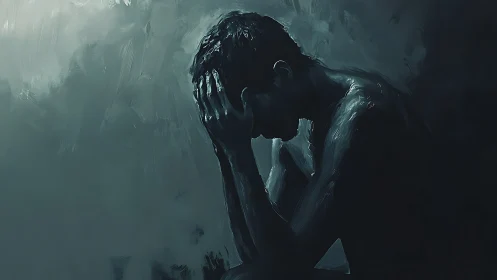 Solitary figure bows head in shadowed teal gloom