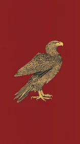 Golden eagle line illustration on flat crimson field.