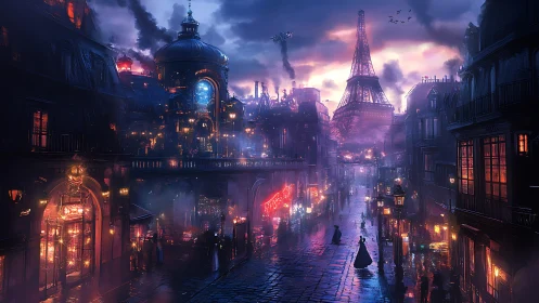 Steampunk Paris boulevard under neon clouds and smokestacks.