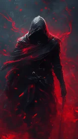 Hooded revenant in crimson smoke, dramatic fantasy portrait.