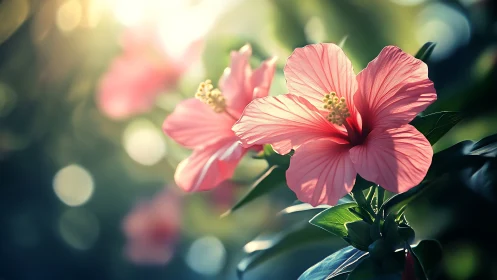Pink Hibiscus Flowers with Shallow Depth of Field and Soft Bokeh Background.