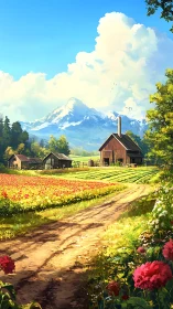 Digital pastoral landscape with floral foreground perspective.