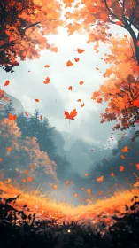 Autumn leaves falling over misty forest valley landscape.
