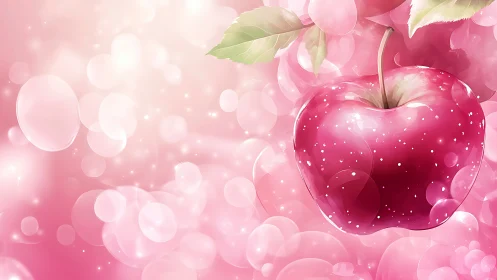 Glossy pink apple amid dreamy bokeh lightscape artwork.