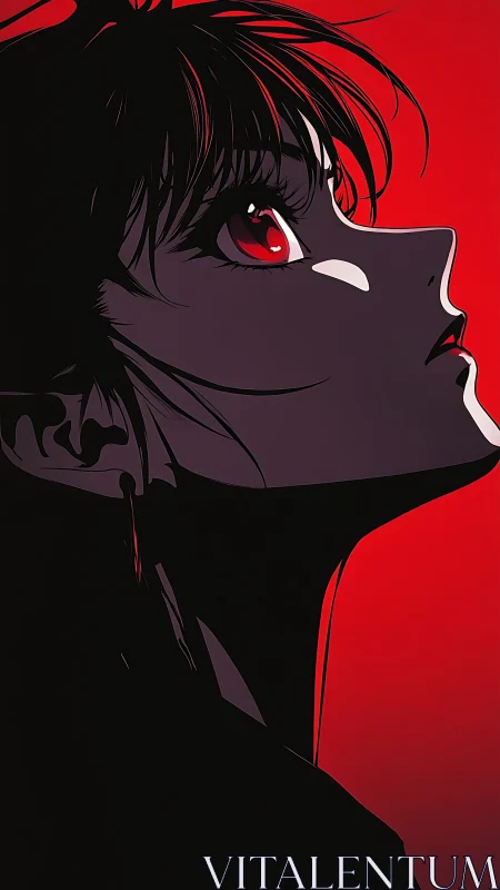 Side profile anime girl in red and black contrast portrait.