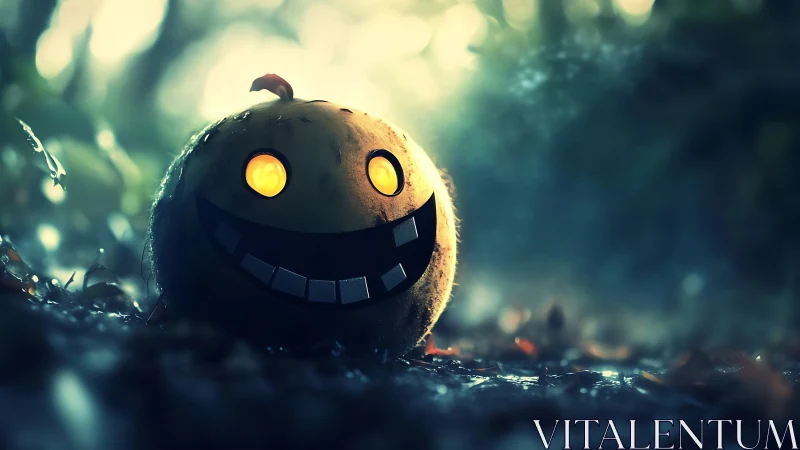 Glowing pumpkin smiles warmly in a misty enchanted forest