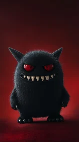 Furry black monster with red eyes on cinematic red backdrop.