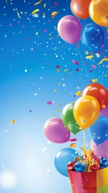 Balloons and Confetti Against Blue Sky.