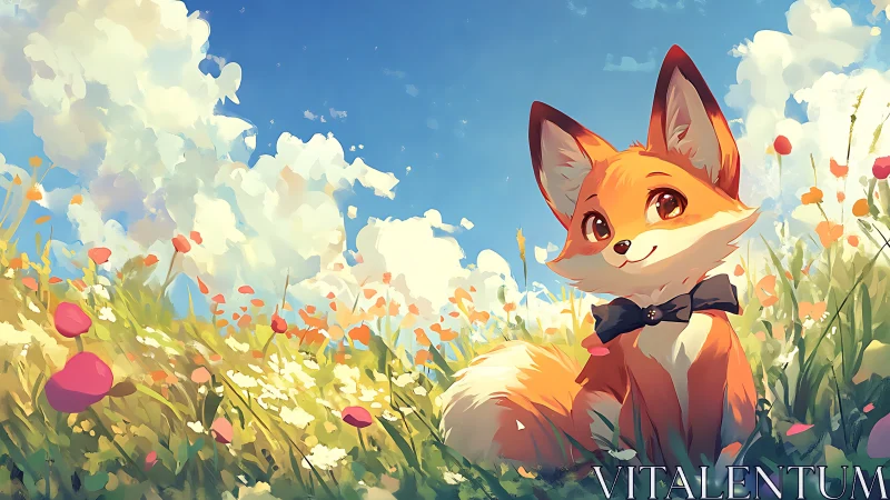 Illustrated fox sits in a stylized meadow under blue sky