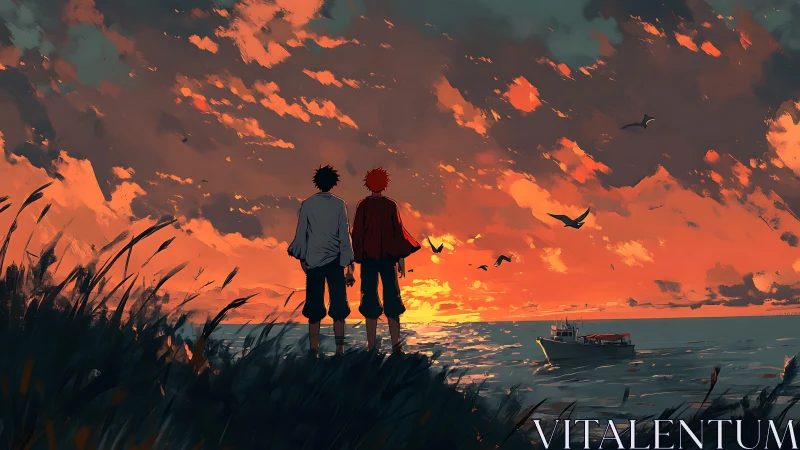 Two quiet friends share a glowing seaside sunset horizon