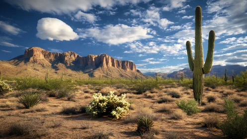 Desert landscape shows tall saguaro cactus and distant cliffs