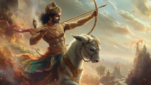 Mythic warrior archer astride radiant white steed in battle.