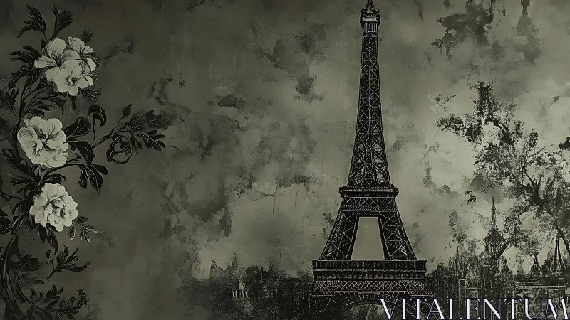 Nocturne florals embrace a shadowed Eiffel Tower skyline.