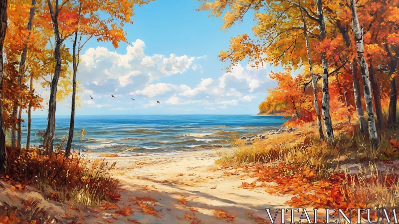 Autumn forest opens onto bright sandy beach and calm sea