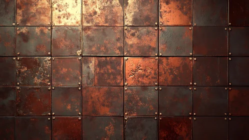 Oxidized metal tile grid with riveted industrial surface.