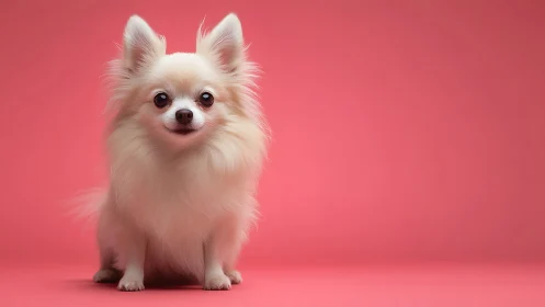 Studio portrait of fluffy cream dog on minimalist pink ground.
