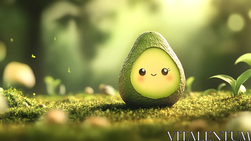 Cute smiling avocado character rests in a glowing forest meadow