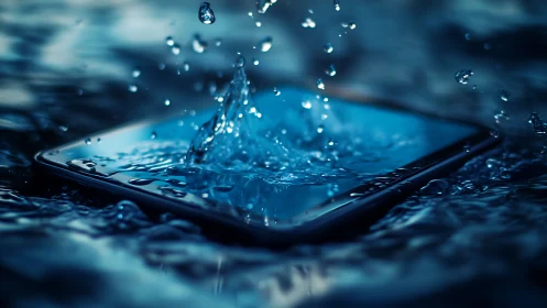 Waterproof smartphone lies submerged under splashing droplets
