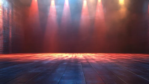 Colorful stage lights wash an empty industrial room in haze.