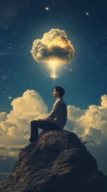 Man on rocky peak visualizing luminous storm cloud mindscape