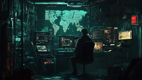 Night coder in a neon-lit underground command hideout.