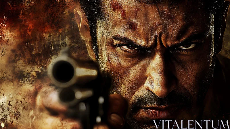 Grit and focus in a tense, cinematic close-up stare.