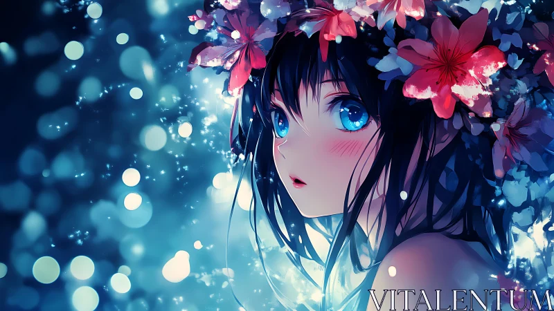 High-contrast anime portrait with bokeh depth and floral headpiece lighting