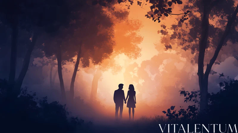Silhouetted couple standing in misty forest clearing with golden atmospheric lighting