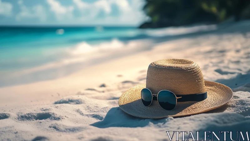 Straw sunhat and sunglasses rest on a tranquil tropical shore