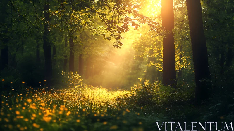 Enchanted forest path with golden sunlight and dreamy ambiance.