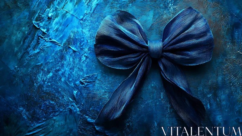 Deep blue ribbon bow rests on textured abstract canvas