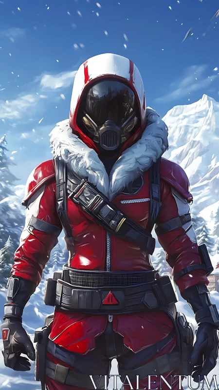 Arctic tactical operative in red exosuit under alpine sky.