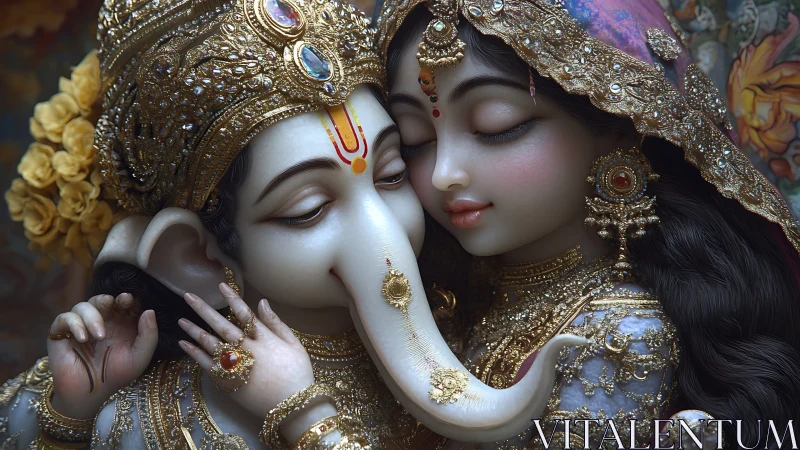 Digital sculpture depicting Hindu deities Ganesha and companion figure with ornamental dress