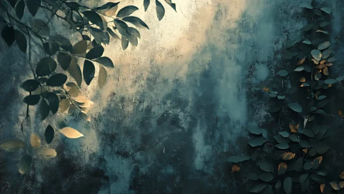 Moody foliage against textured teal concrete wall.