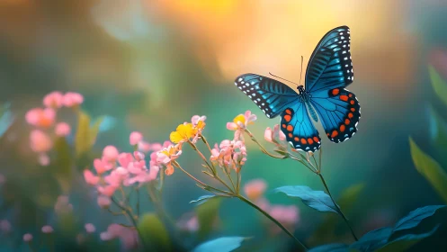 Blue butterfly on pastel flowers in soft garden light.