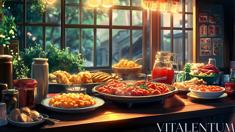 Sunlit country feast table with rich rustic comfort dishes.